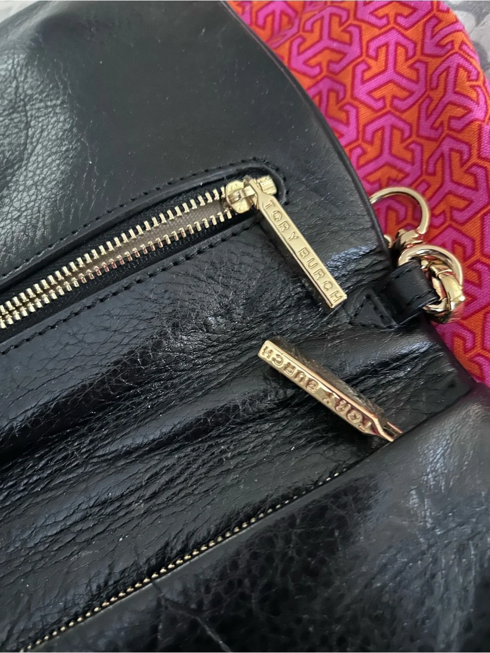Tory Burch Black Leather Wristlet Clutch with Gold Chain